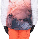 The 686 Hydra insulated jacket, designed for girls in 2023, showcases a white outer shell with a striking pink and purple marble pattern on the back.