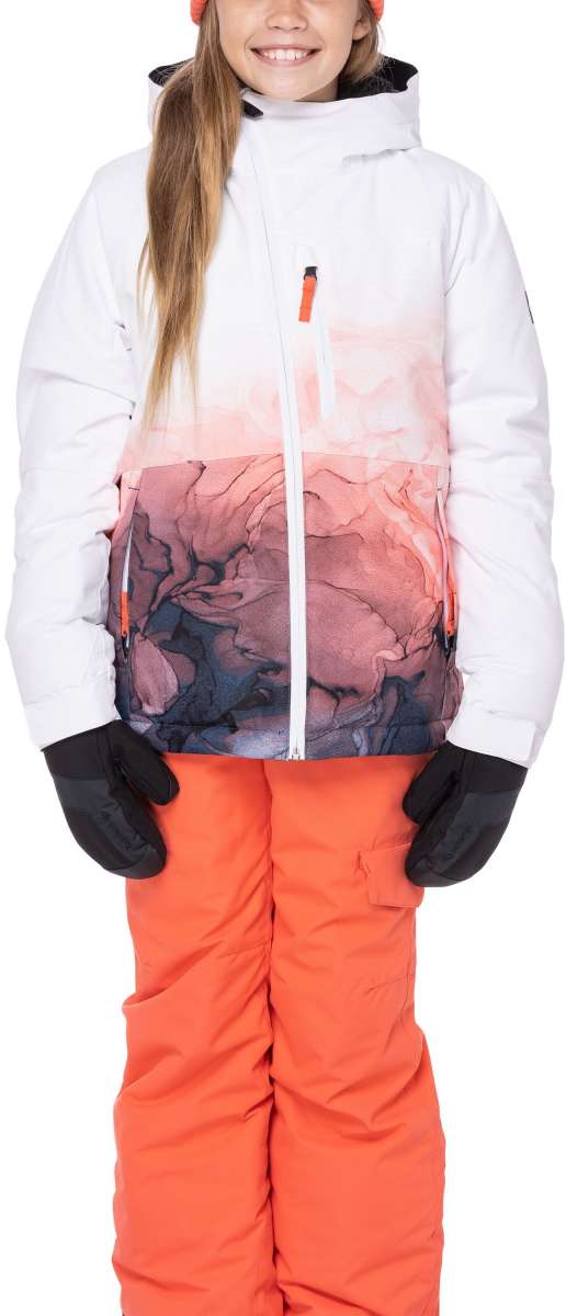 The 686 Girls Hydra Insulated Jacket 2023 is predominantly white with an abstract pink and black design on the bottom portion of the jacket.