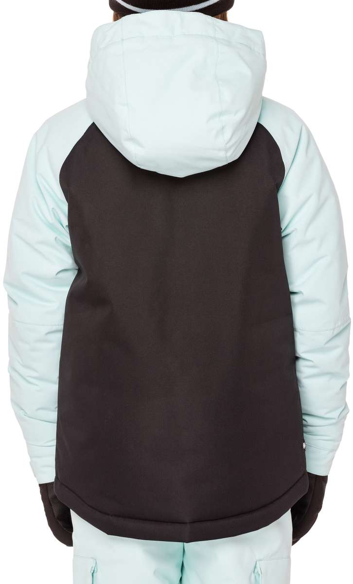 The 686 Hydra Insulated Jacket for girls has a black front panel with light blue sleeves.