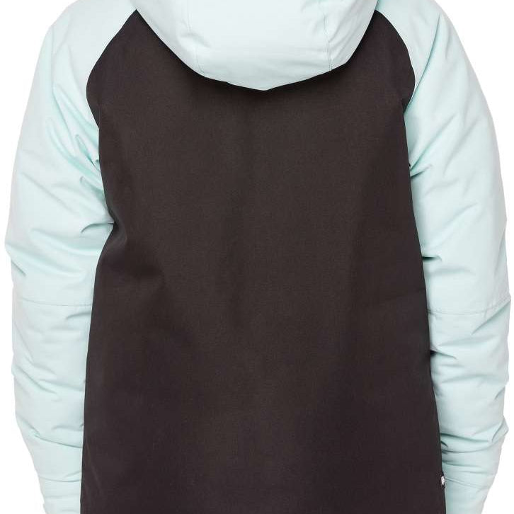 The 686 Hydra Insulated Jacket for girls has a black front panel with light blue sleeves.