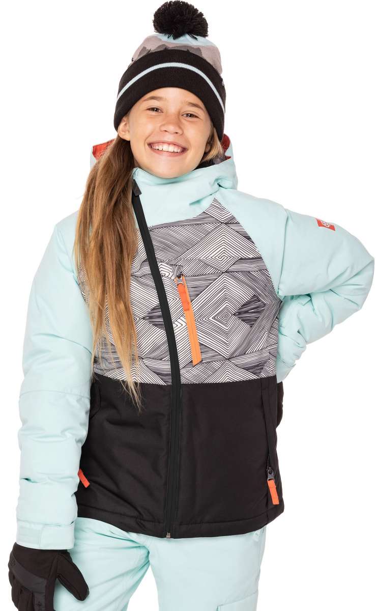 The 686 Girls Hydra Insulated Jacket 2023 has a black and white geometric pattern on the chest with light blue sleeves and an orange zipper.