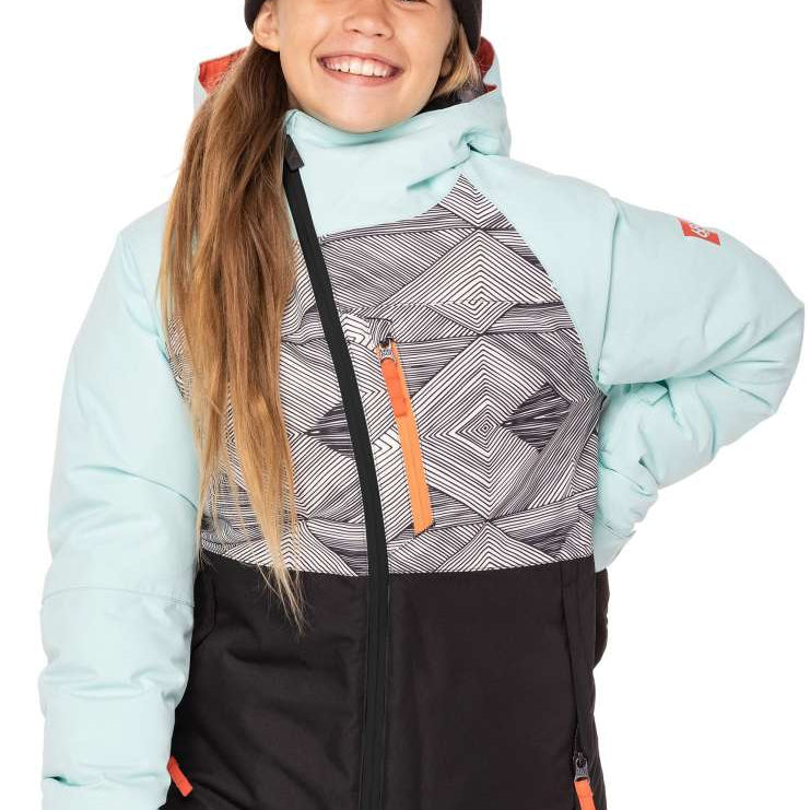 The 686 Girls Hydra Insulated Jacket 2023 has a black and white geometric pattern on the chest with light blue sleeves and an orange zipper.