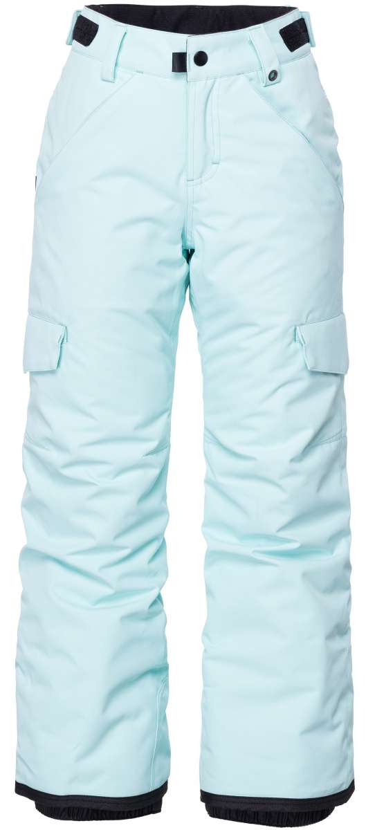 The 686 Girls Lola Insulated Pants 2023 are light blue with black accents and have cargo pockets on the sides.