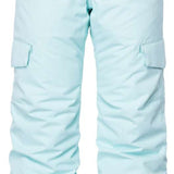 The 686 Girls Lola Insulated Pants 2023 are light blue with black accents and have cargo pockets on the sides.