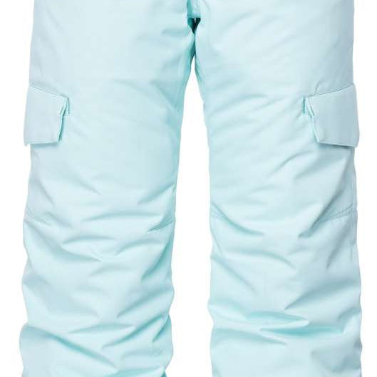 The 686 Girls Lola Insulated Pants 2023 are light blue with black accents and have cargo pockets on the sides.