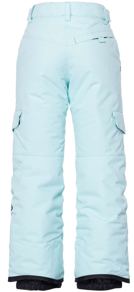 The 686 Girls Lola Insulated Pants 2023 are light blue with black accents and have cargo pockets on the sides.