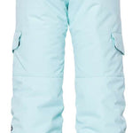 The 686 Girls Lola Insulated Pants 2023 are light blue with black accents and have cargo pockets on the sides.