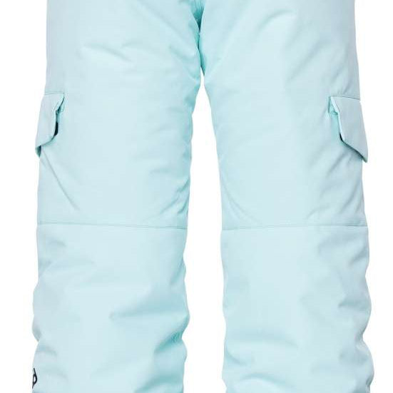 The 686 Girls Lola Insulated Pants 2023 are light blue with black accents and have cargo pockets on the sides.
