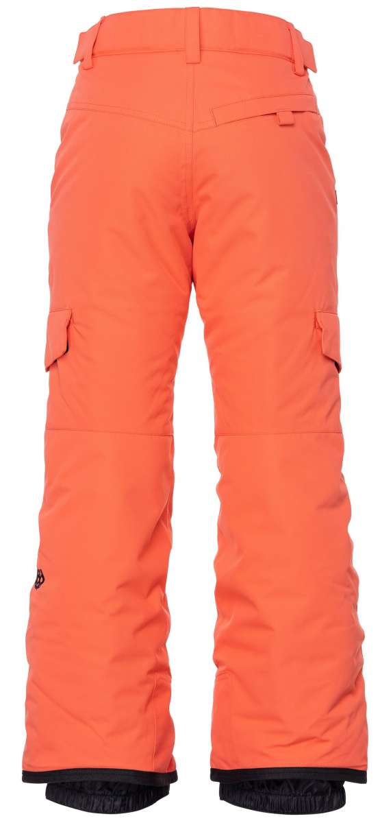 The 686 Girls Lola Insulated Pants 2023 are showcased in coral pink with black accents and an insulated hood.
