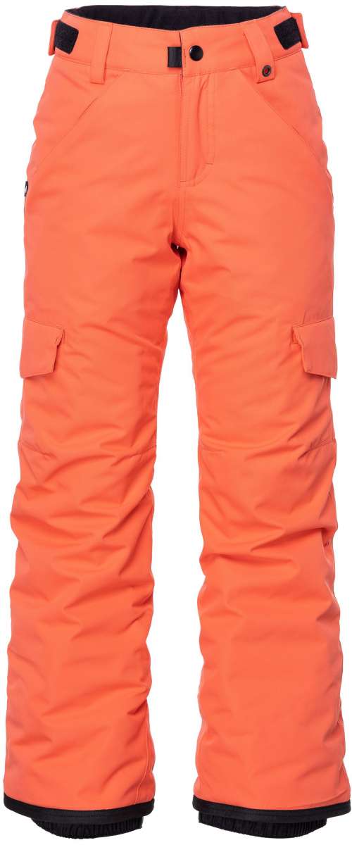The 686 Girls Lola Insulated Pants 2023 are bright coral-colored snow pants with black accents on the waistband and cuffs.