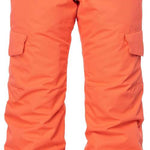 The 686 Girls Lola Insulated Pants 2023 are bright coral-colored snow pants with black accents on the waistband and cuffs.