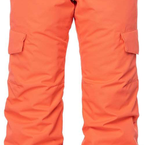 The 686 Girls Lola Insulated Pants 2023 are bright coral-colored snow pants with black accents on the waistband and cuffs.