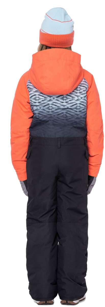 The 686 Girls Shine Insulated One-Piece snowsuit is black with an ombre pattern on the back and a grey logo.