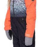 The 686 Girls Shine Insulated One Piece Snowsuit is predominantly coral orange with a grey and white patterned section on the front.