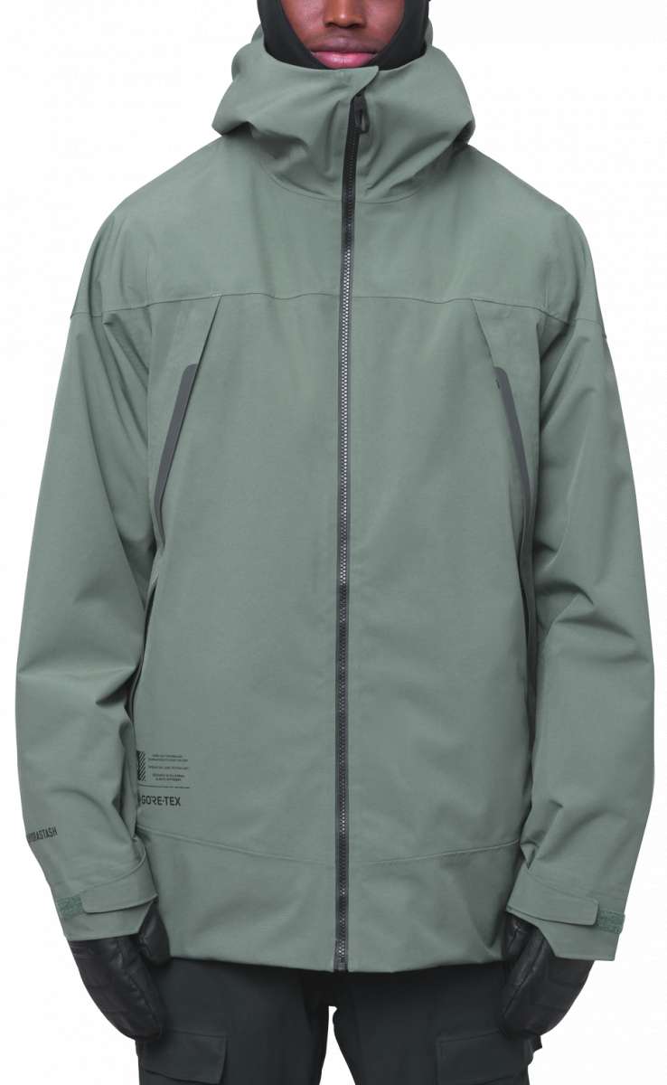 The 686 GORE-TEX Hydrastash Sync Jacket 2024 is primarily sage green with dark gray accents and a high collar.
