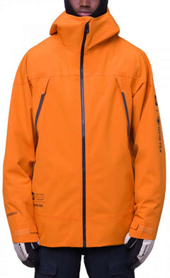 The 686 GORE-TEX Hydrastash Sync Jacket 2024 is orange with a black zipper and black accents on the hood.