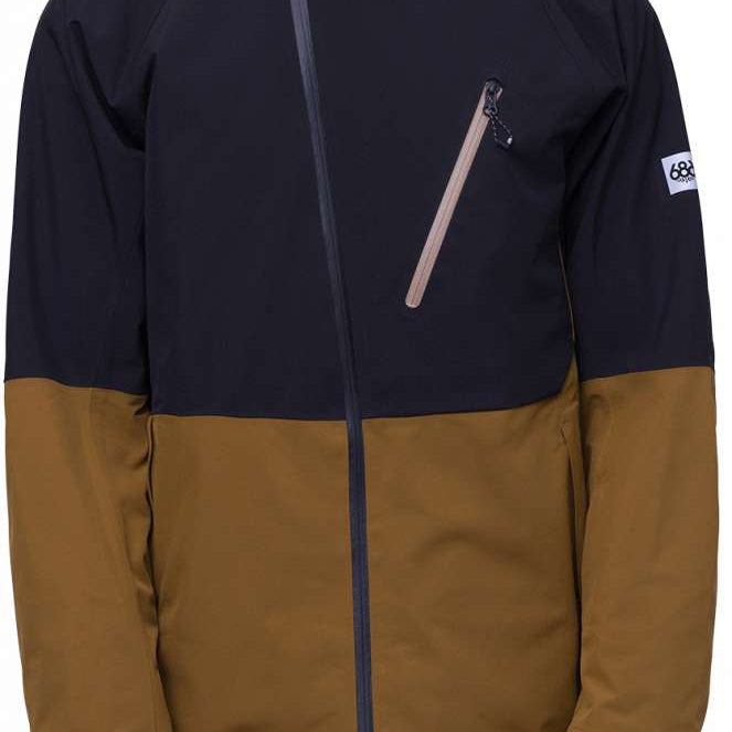 The 686 Hydra Thermagraph Jacket 2024 in this front view has a black upper section and brown lower section.