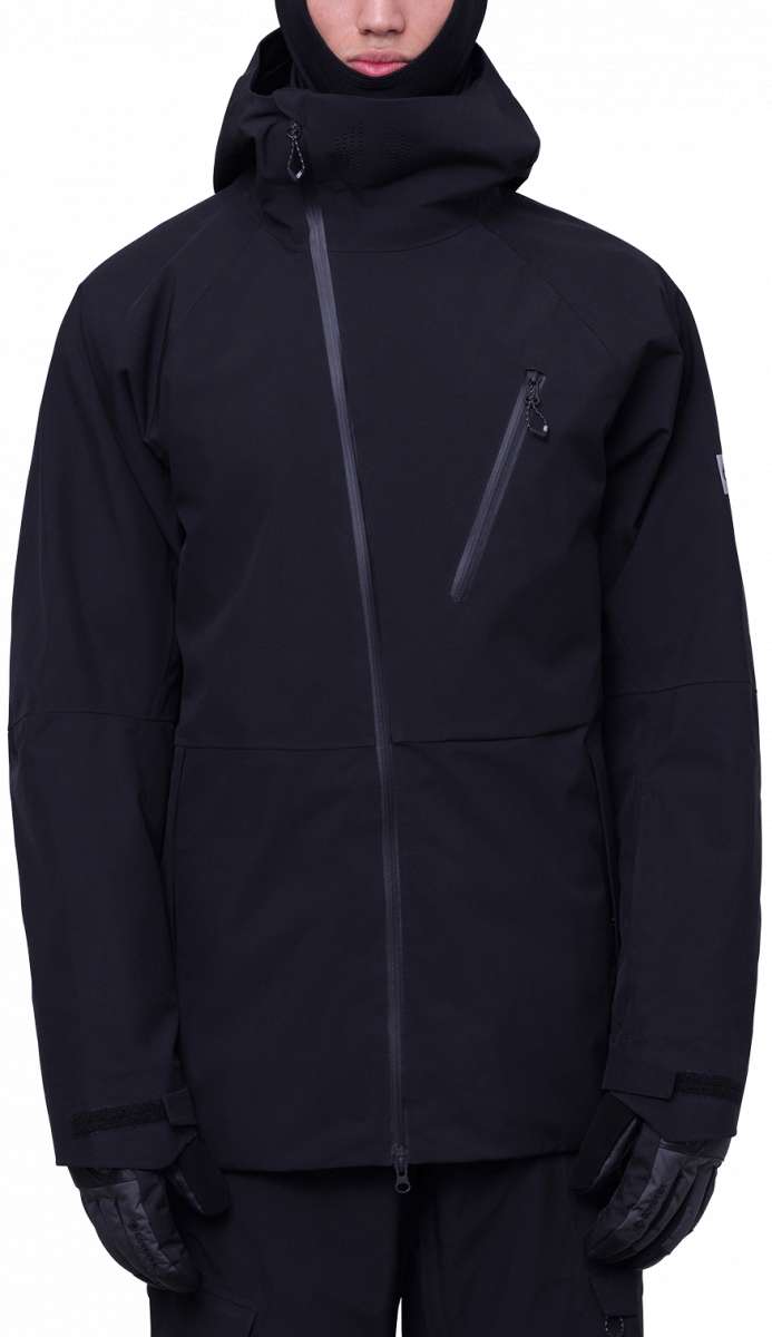 The 686 Hydra Thermagraph Jacket 2024 is black with an insulated hood and zipper closure.
