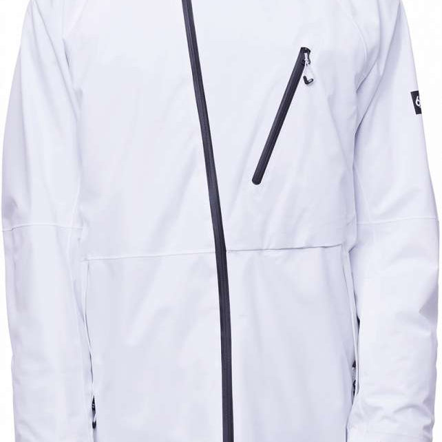 The 686 Hydra Thermagraph Jacket 2024 is predominantly white with black accents and features an insulated hood.