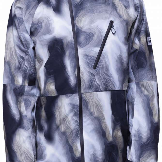 The 686 Hydra Thermagraph Jacket 2024 is predominantly gray with white swirls and black accents.