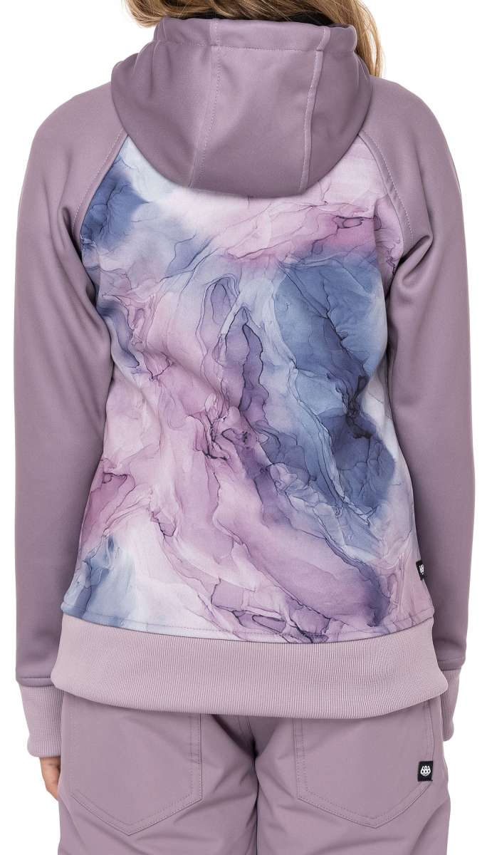 The 686 Junior's Bonded Fleece Pullover Hoodie 2023 has a predominantly purple color scheme with a marbled design on the back and gray sleeves.