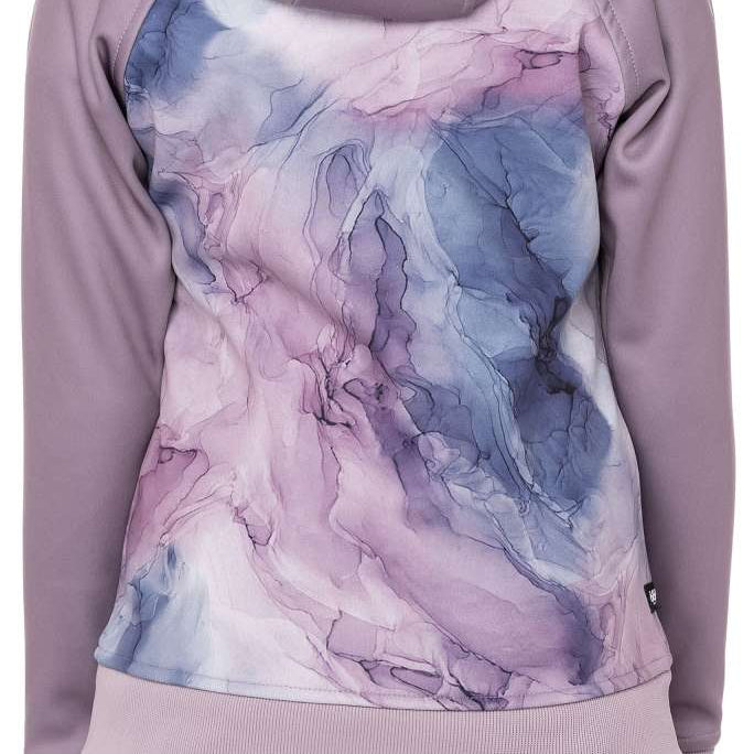 The 686 Junior's Bonded Fleece Pullover Hoodie 2023 has a predominantly purple color scheme with a marbled design on the back and gray sleeves.