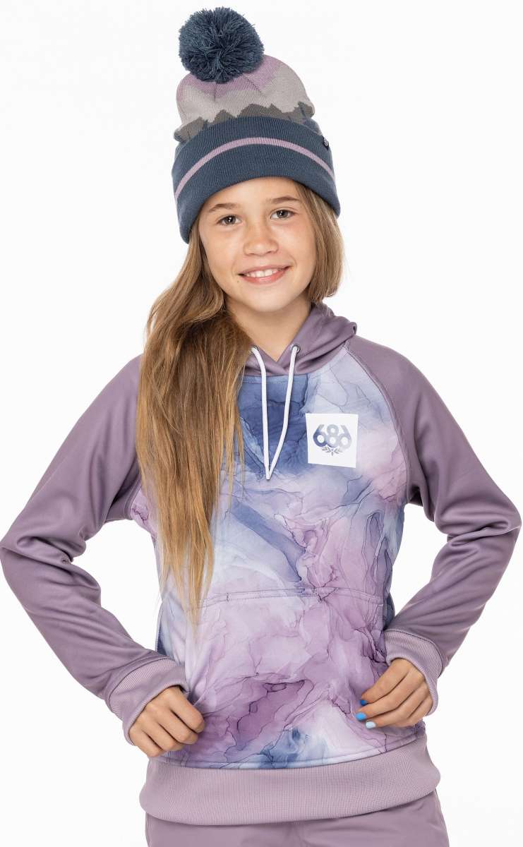 The 686 Junior's Bonded Fleece Pullover Hoodie 2023 has an insulated hood in a purple and grey color scheme with a white drawstring.