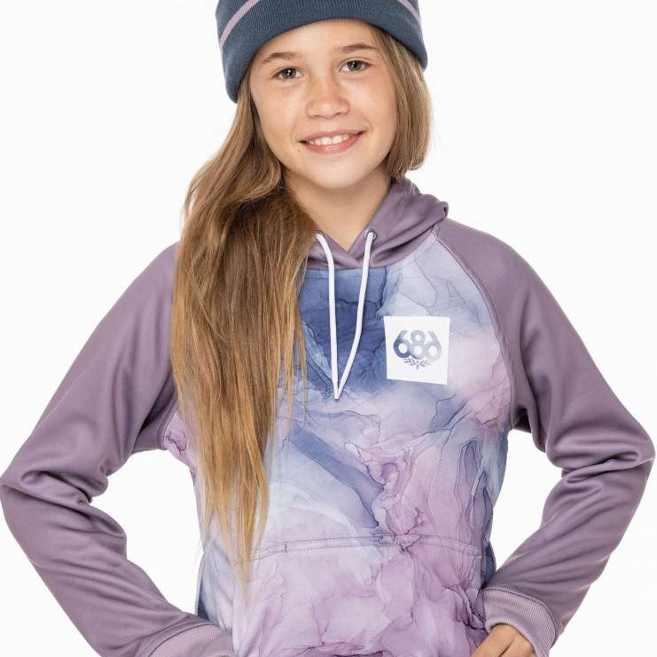 The 686 Junior's Bonded Fleece Pullover Hoodie 2023 has an insulated hood in a purple and grey color scheme with a white drawstring.