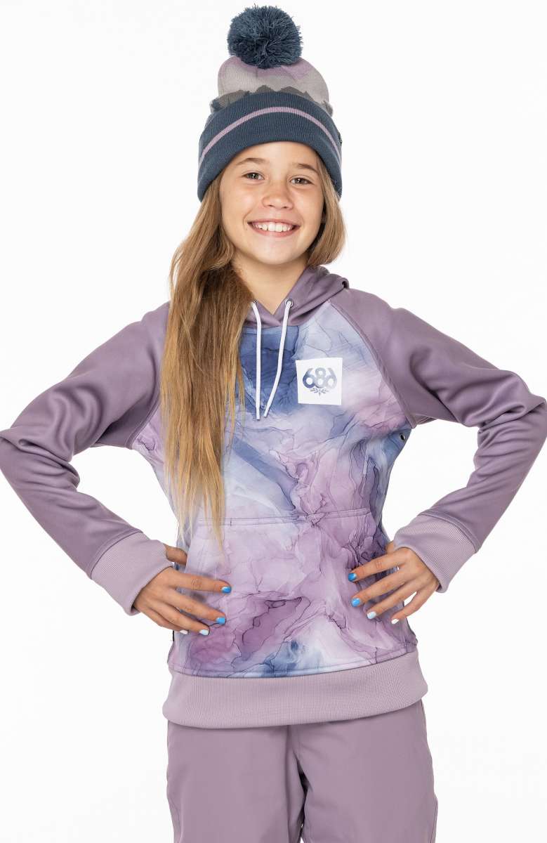 The 686 Junior's Bonded Fleece Pullover Hoodie 2023 features a purple color with a black and grey plaid pattern on the front.