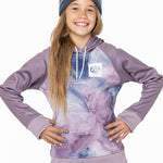 The 686 Junior's Bonded Fleece Pullover Hoodie 2023 features a purple color with a black and grey plaid pattern on the front.