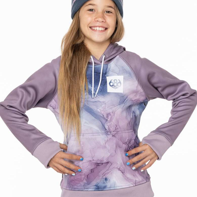 The 686 Junior's Bonded Fleece Pullover Hoodie 2023 features a purple color with a black and grey plaid pattern on the front.