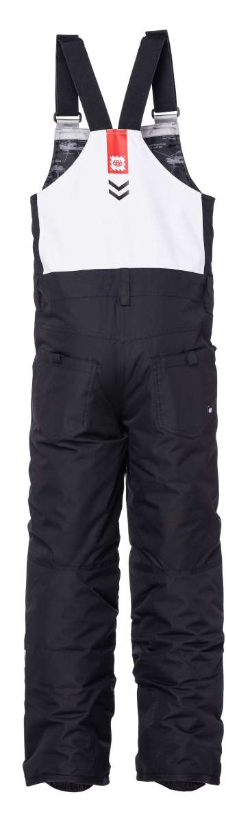 The 686 Exploration insulated bibs have a dark gray color with reflective accents on the front in light gray.