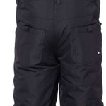 The 686 Exploration insulated bibs have a dark gray color with reflective accents on the front in light gray.