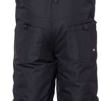 The 686 Exploration insulated bibs have a dark gray color with reflective accents on the front in light gray.