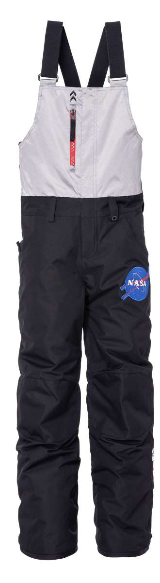 The 686 Junior Exploration Insulated Bib features a black and grey color scheme with a prominent NASA logo on the left thigh.