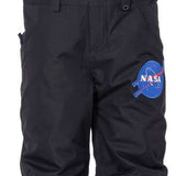 The 686 Junior Exploration Insulated Bib features a black and grey color scheme with a prominent NASA logo on the left thigh.