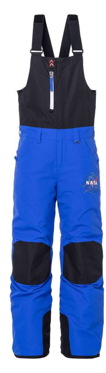 The 686 Junior Exploration Insulated Bib Pants in blue and black have an insulated hood.