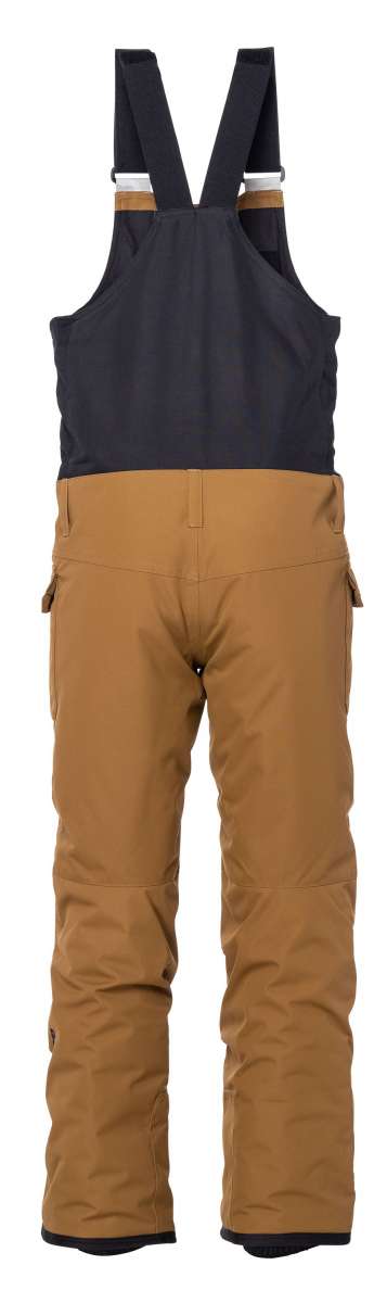 The 686 Junior Frontier Insulated Bib features a dark gray body with tan accents and a tan waistband.