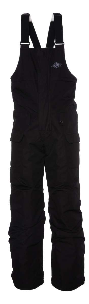 The 686 Junior Frontier Insulated Bib in black has an insulated hood and leg openings.