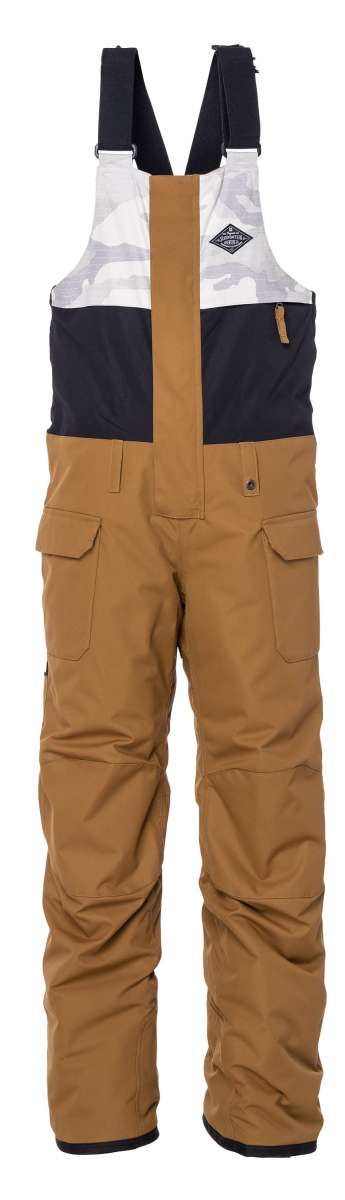 The 686 Junior Frontier Insulated Bib 2023 is brown with a black logo on the left leg and has an adjustable waist strap.