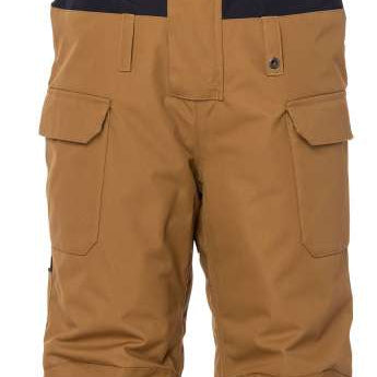 The 686 Junior Frontier Insulated Bib 2023 is brown with a black logo on the left leg and has an adjustable waist strap.