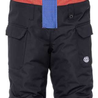 The 686 Junior Frontier Insulated Bib is black with red accents and features a classic bib design.