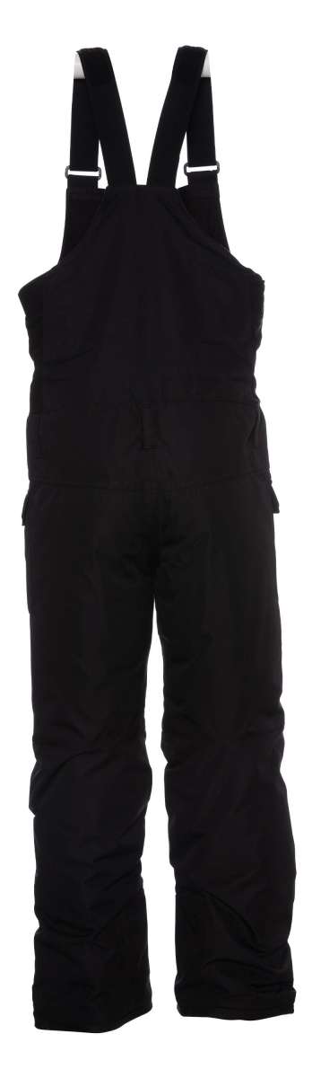 The 686 Junior Frontier Insulated Bib 2023 has a black bib with adjustable straps and a white stripe on the side.