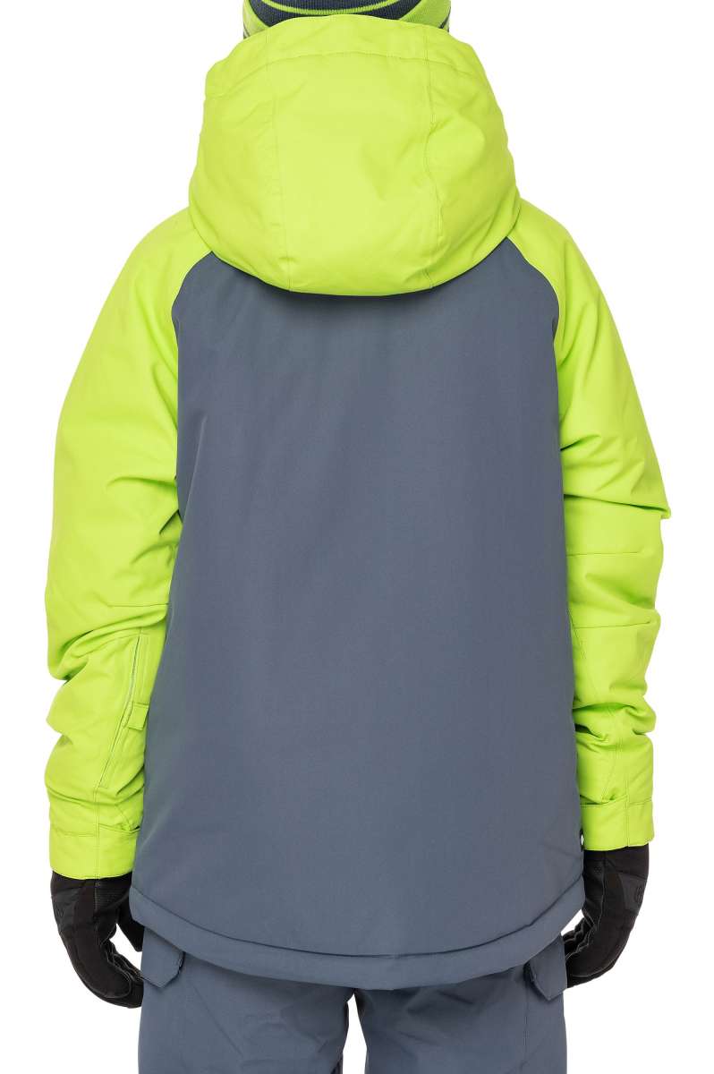 The 686 Junior Geo Insulated Jacket in gray and neon green has an insulated hood.
