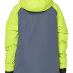 The 686 Junior Geo Insulated Jacket in gray and neon green has an insulated hood.