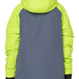 The 686 Junior Geo Insulated Jacket in gray and neon green has an insulated hood.