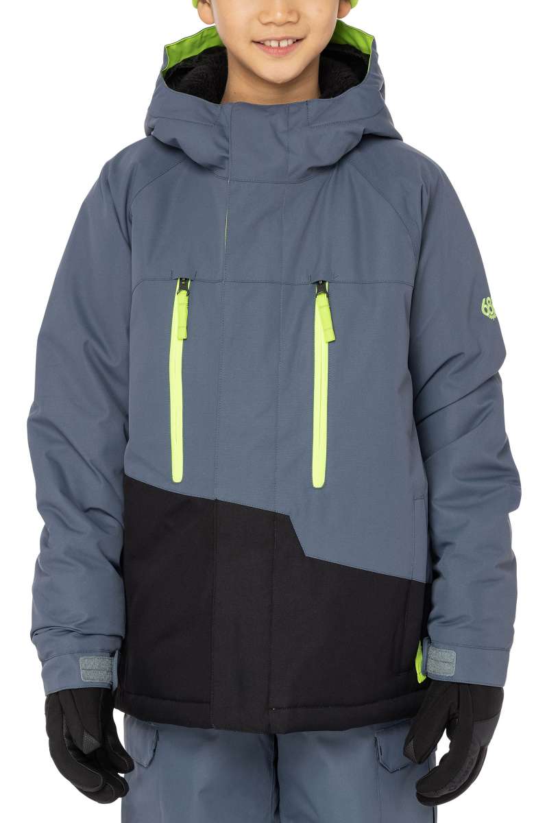The 686 Junior Geo Insulated Jacket 2023 in the front view showcases a gray and black color scheme with neon yellow zippers.
