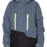 The 686 Junior Geo Insulated Jacket 2023 in the front view showcases a gray and black color scheme with neon yellow zippers.