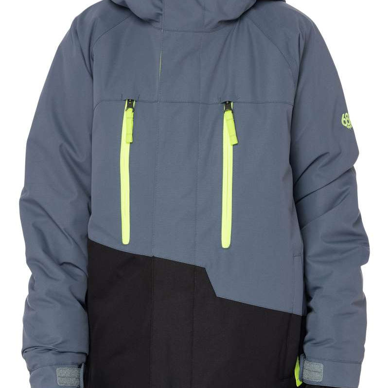 The 686 Junior Geo Insulated Jacket 2023 in the front view showcases a gray and black color scheme with neon yellow zippers.