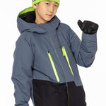 The 686 Junior Geo Insulated Jacket 2023 is primarily gray with lime green accents and features an insulated hood.
